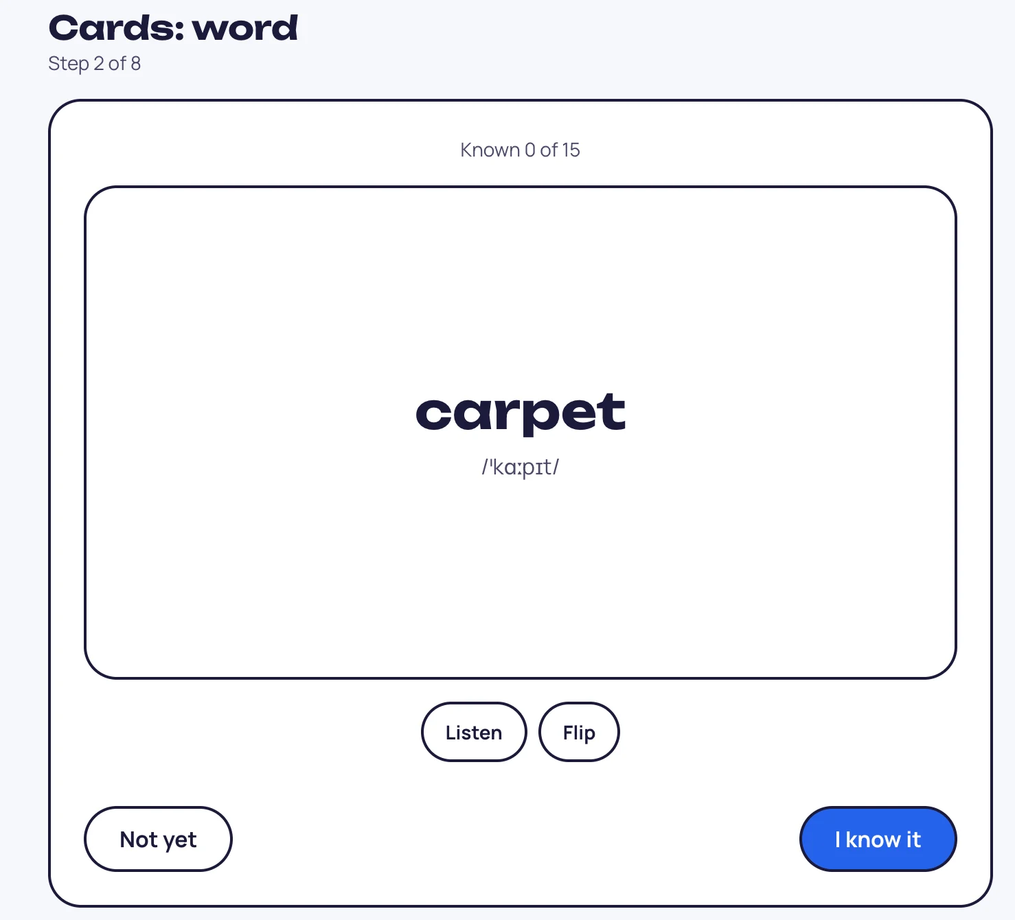 Крок 2 з 8: лицьовий бік картки carpet з транскрипцією, кнопки Listen, Flip, Not yet і I know it, лічильник Known 0 of 15