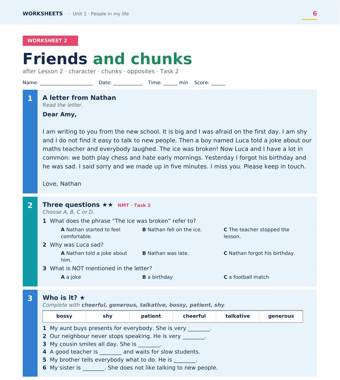 Worksheet 2 Unit 1: лист від Nathan, три запитання у форматі Task 2 і вправа на слова характеру