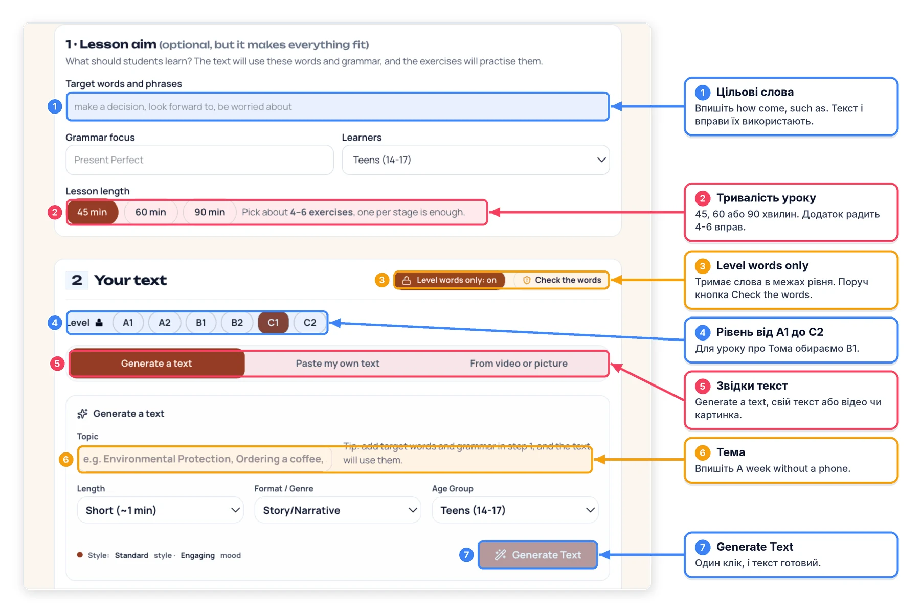 Блоки Lesson aim і Your text: цільові слова, граматика, учні, тривалість, рівень і створення тексту