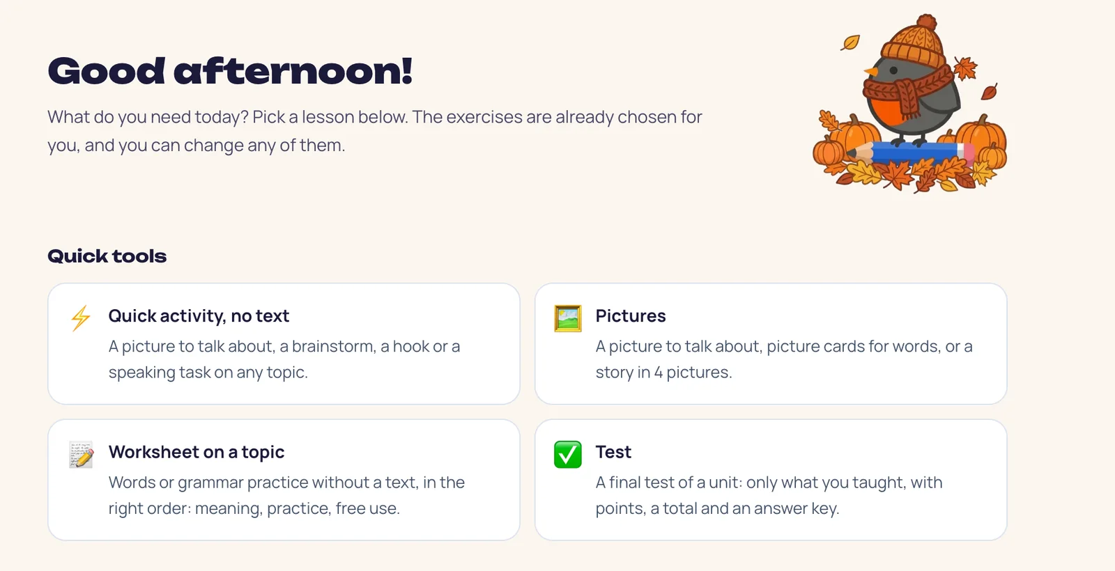 Головний екран Wow Tools: швидка активність, картинки, робочий лист на тему і тест