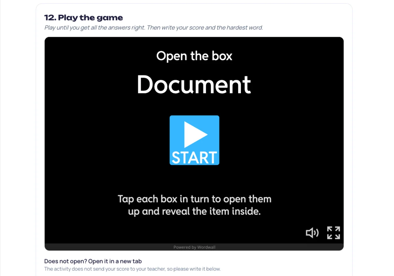 Гра Wordwall «Open the box» усередині уроку Wow Tools