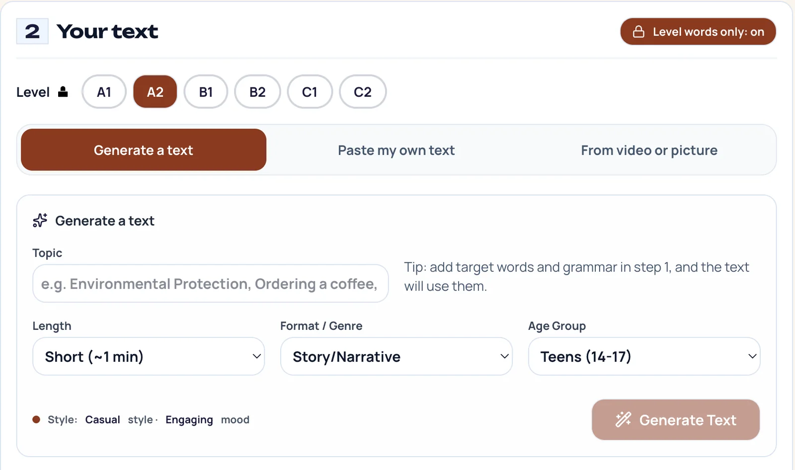 Генерація тексту у Wow Tools: рівень A2, довжина, жанр, вікова група і замок «Level words only»